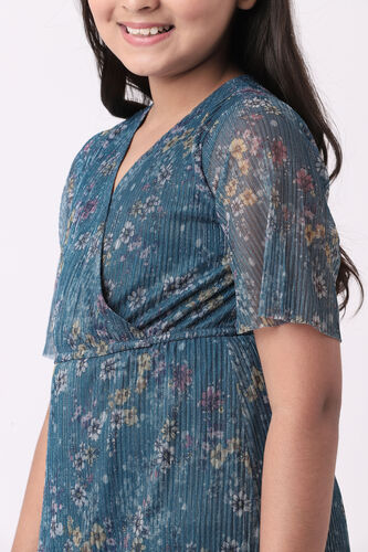 Teal Floral Flared Dress, Teal, image 3